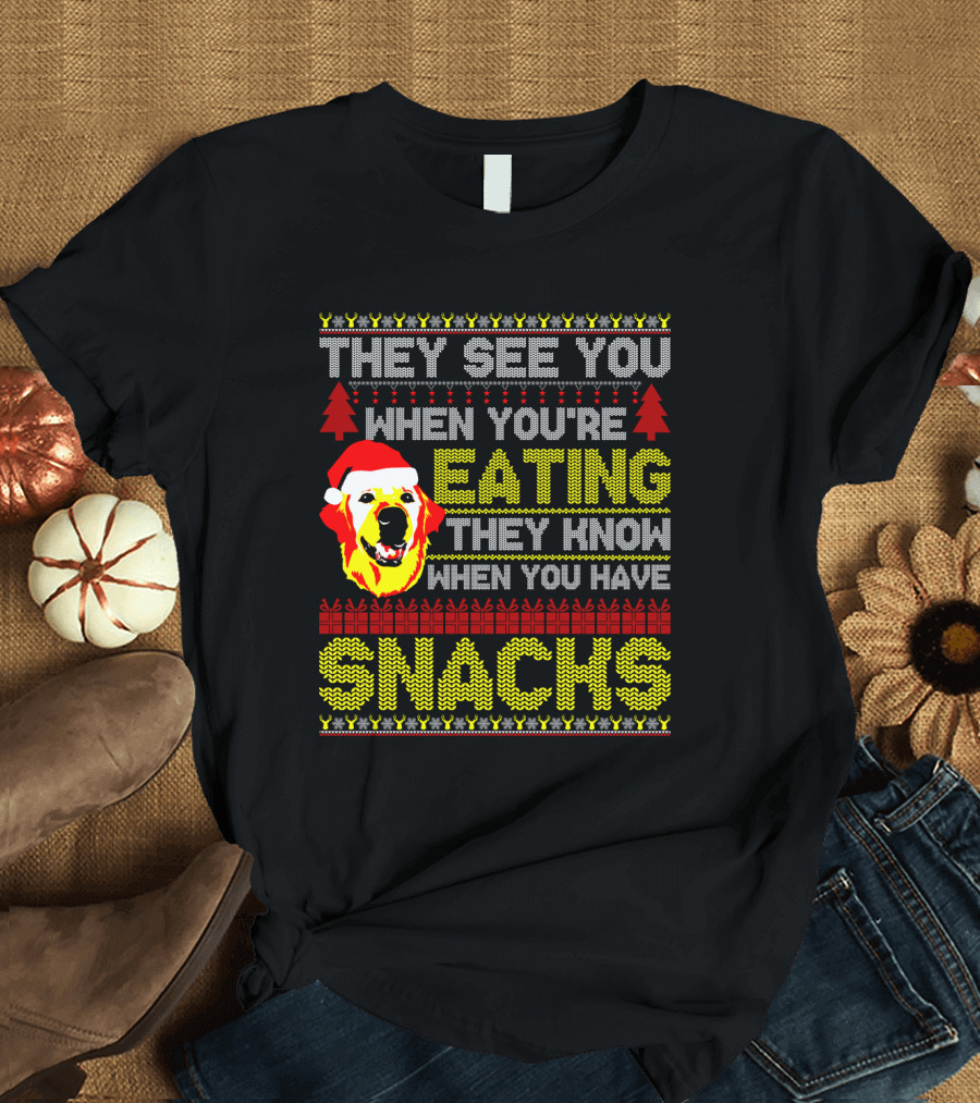 They See You When You're Eating They Know When You Have Snacks Labradoodle Christmas T-Shirt
