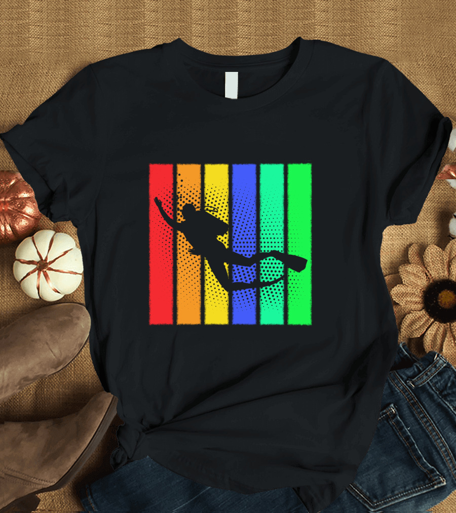 Retro Snorkeling Diver Silhouette Rainbow Stripes T-Shirt