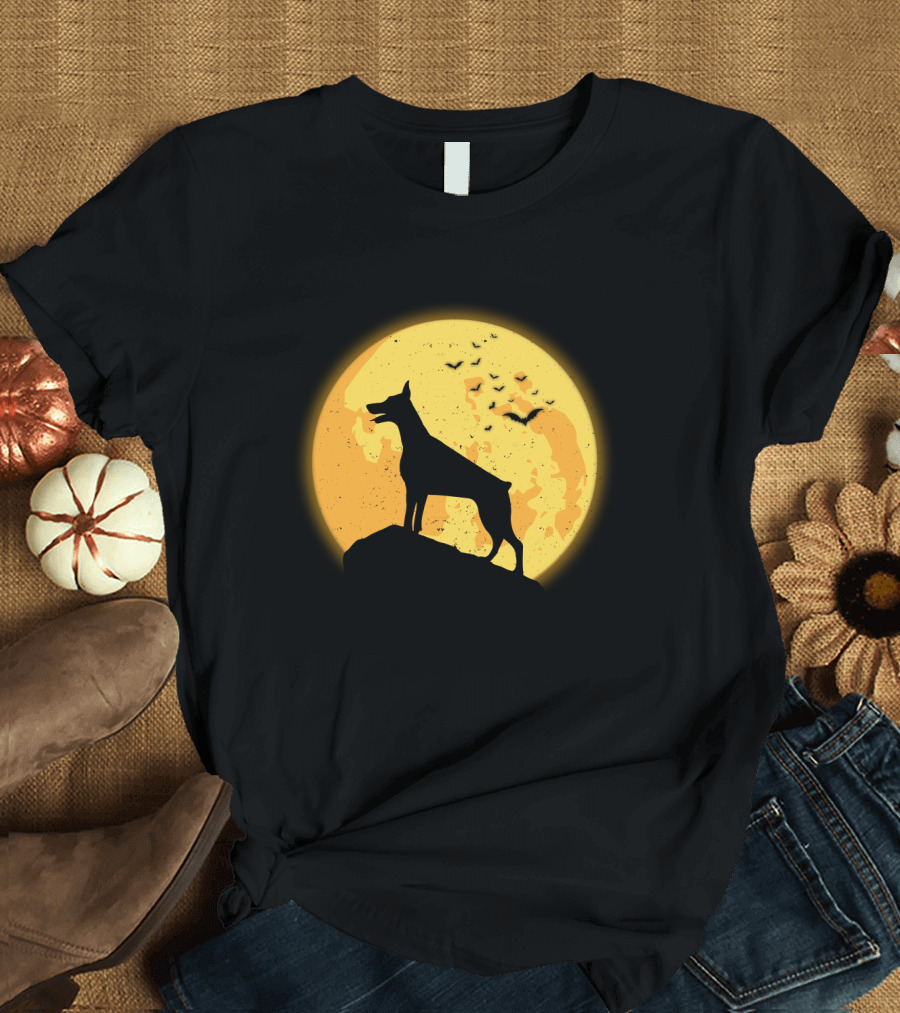 DOBERMAN Dog Silhouette Against Orange Moon Night Scene T-Shirt