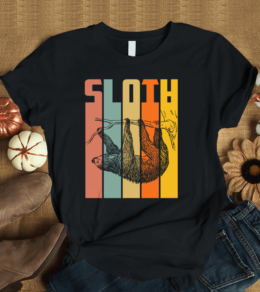 SLOTH Vintage Retro Hanging Branch Stripes T-Shirt