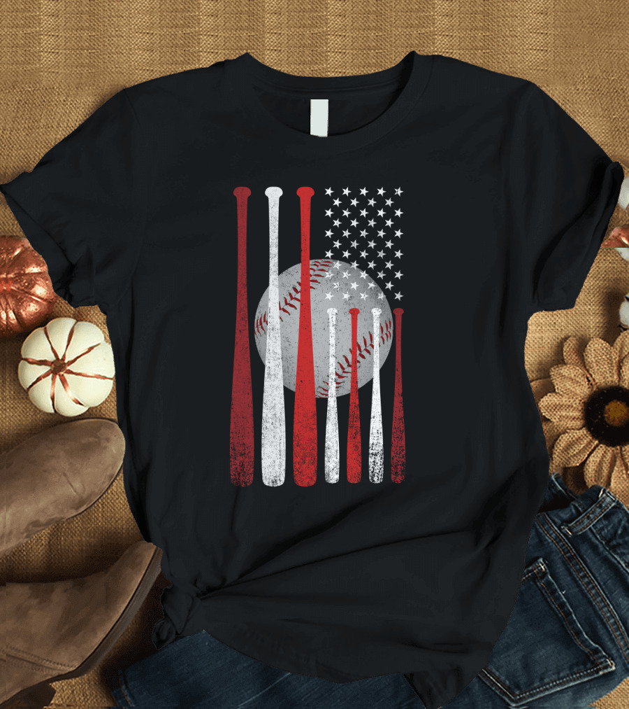 Vintage American Flag Baseball Bats and Ball Stars T-Shirt