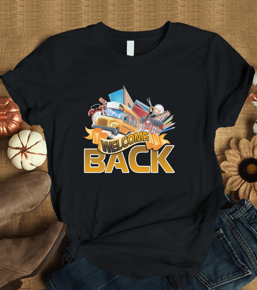 Welcome Back School Bus Books Pencils Scissors School Building Clock T-Shirt