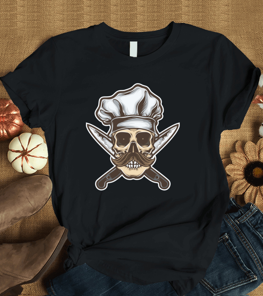 Chef Skull with Moustache and Crossed Knives T-Shirt