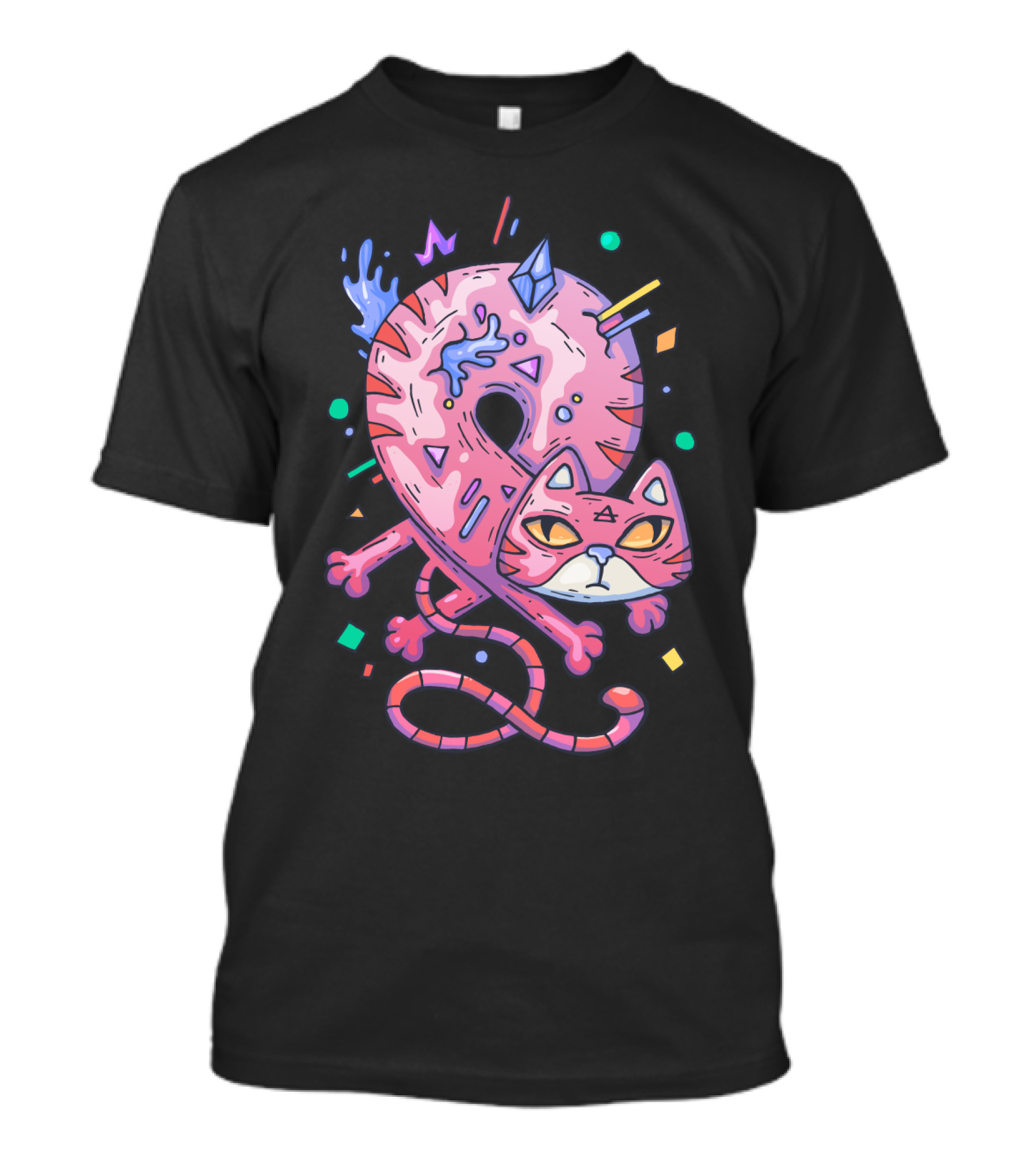 Pink Donut Cat Twisted Into Loop With Colorful Elements T-Shirt