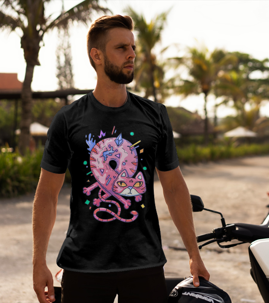 Pink Donut Cat Twisted Into Loop With Colorful Elements T-Shirt
