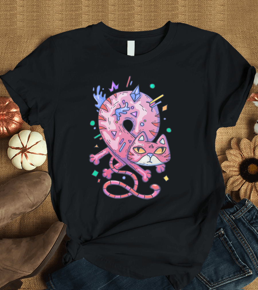 Pink Donut Cat Twisted into Loop with Colorful Elements T-Shirt