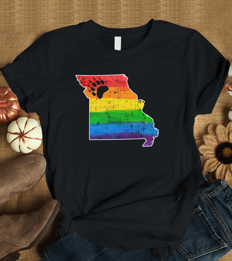Missouri State Shape with Rainbow Bear Paw Pride Flag T-Shirt
