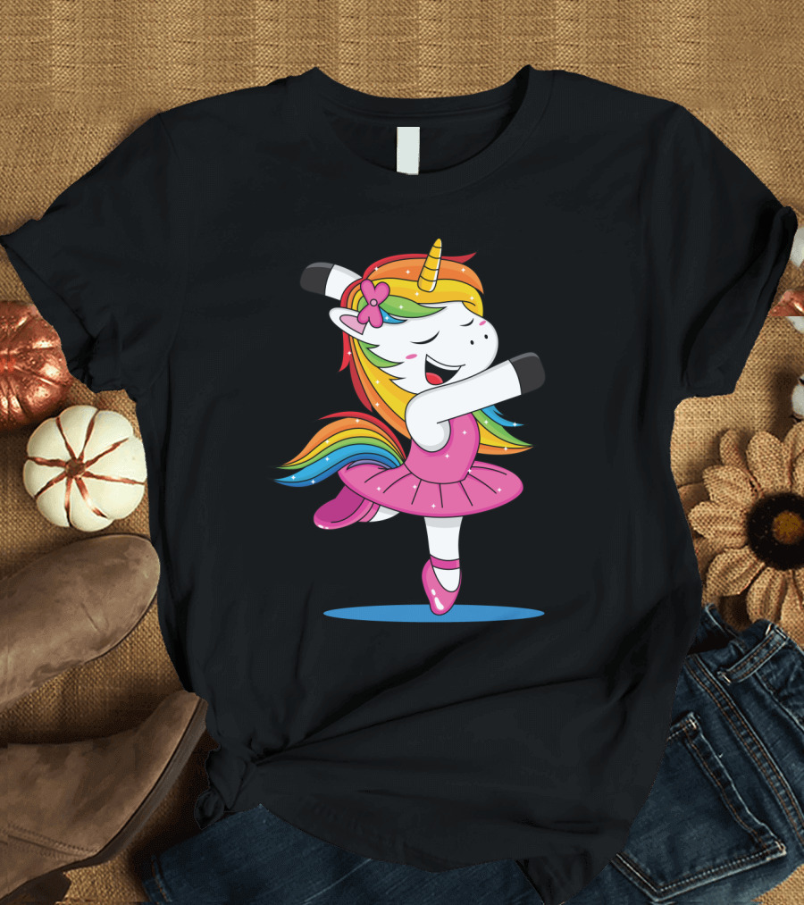 Unicorn Ballet Rainbow Dancer with Pink Tutu and Flower Bow T-Shirt