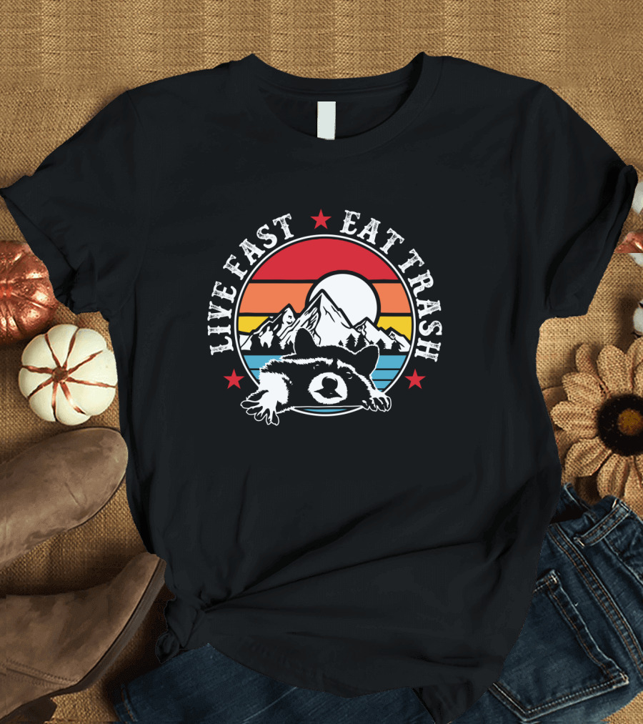 Live Fast Eat Trash Funny Raccoon Mountains Camping Retro Sunset T-Shirt