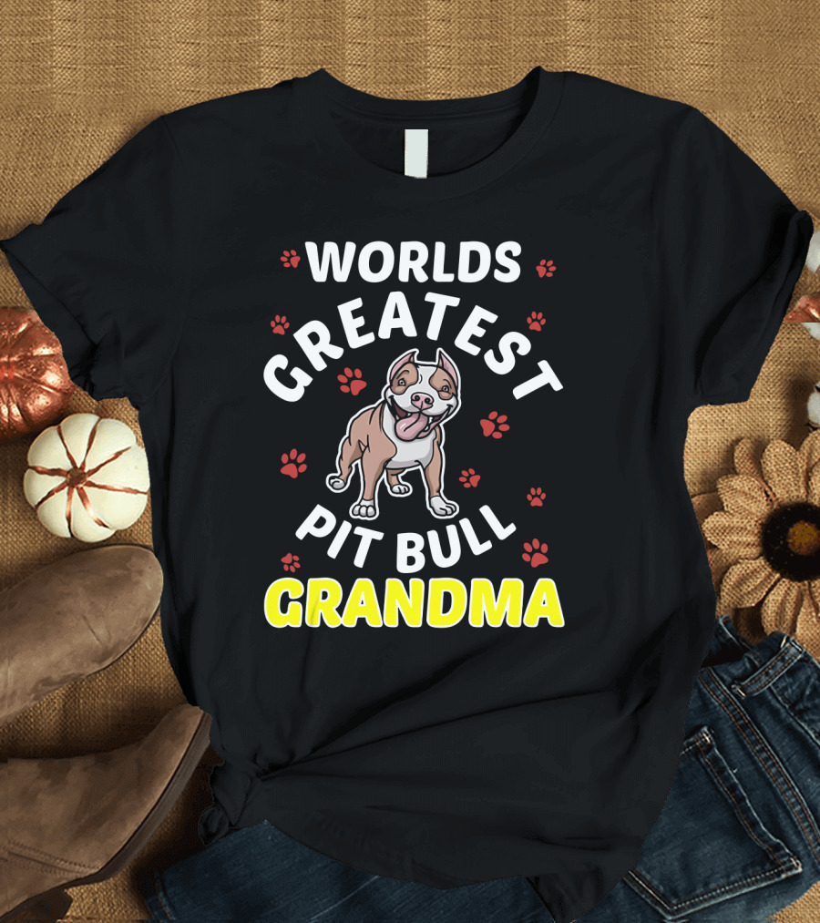 WORLDS GREATEST PIT BULL GRANDMA Paws and Smiling Pitbull T-Shirt