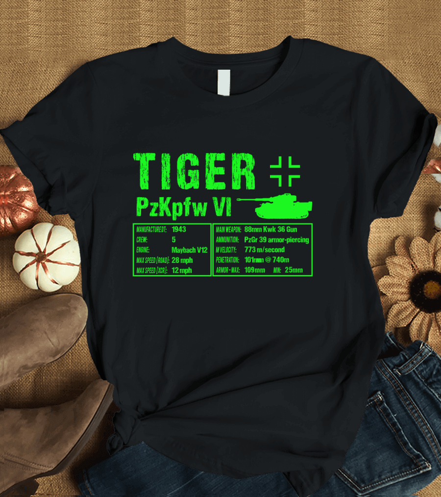 Tiger PzKpfw VI 1943 German Heavy Tank Specs with 88mm KwK 36 Gun T-Shirt
