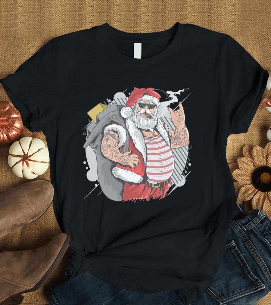 Santa Claus Merry Christmas Tattoo Rock Hand Illustrated T-Shirt