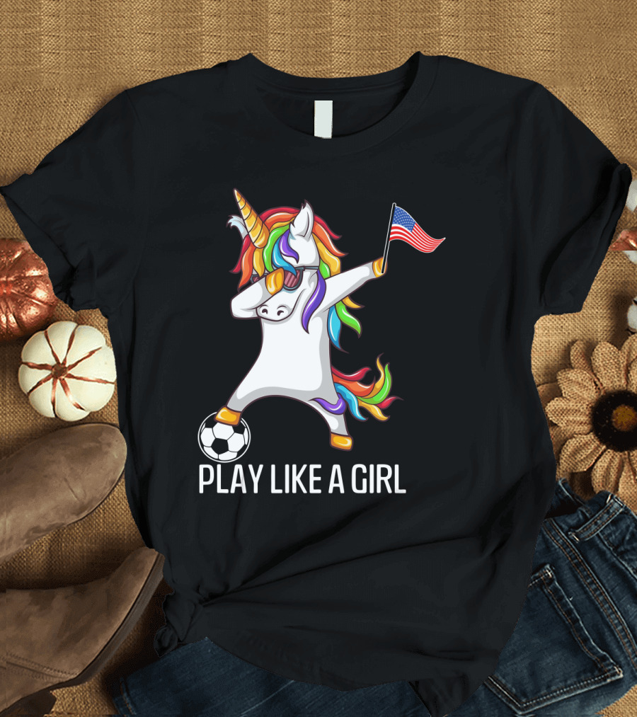 Dabbing Unicorn Play Like a Girl USA Soccer T-Shirt