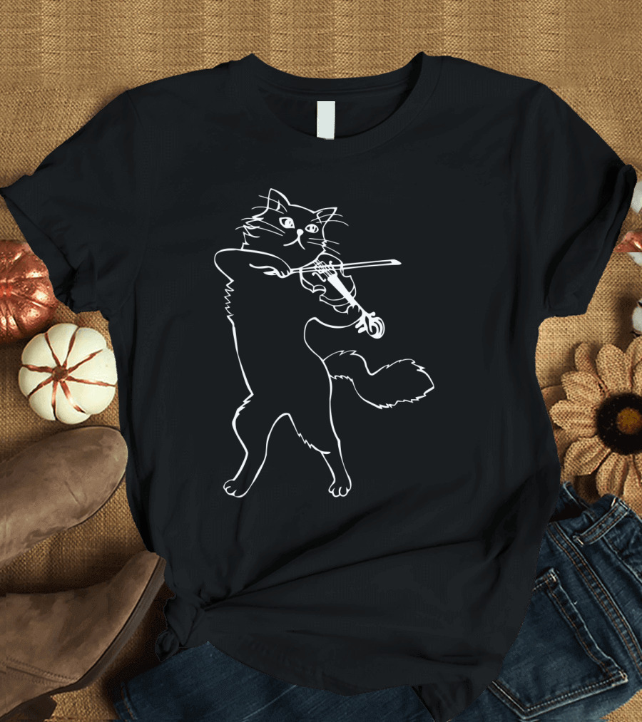 Fiddle Violin Cat Playing Musician Instrument Band Strings T-Shirt