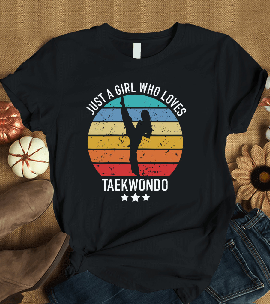 Just A Girl Who Loves Taekwondo Vintage Silhouette Rainbow Stripes T-Shirt
