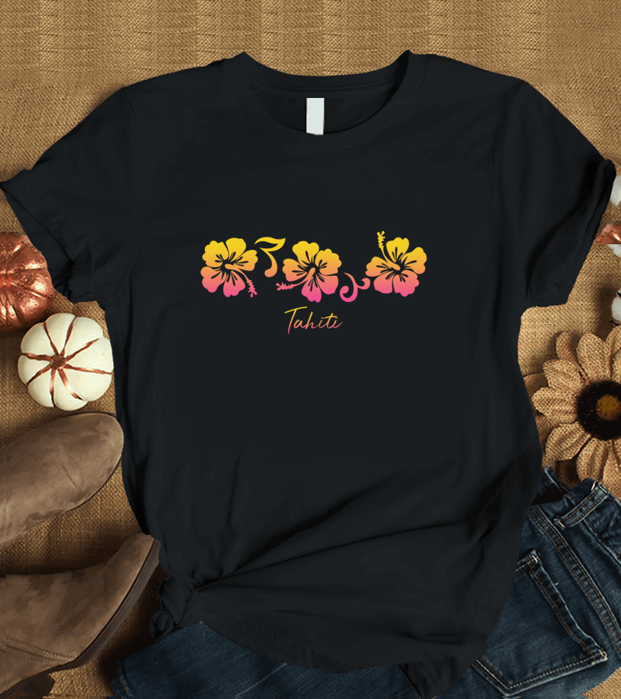 Tahiti French Polynesia Hibiscus Flower Pattern Colorful T-Shirt