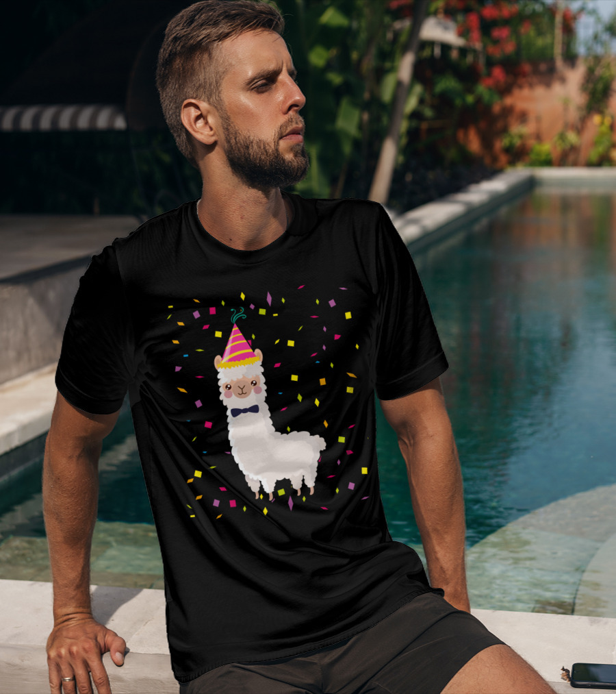 Funny Alpaca Birthday Party Celebration With Confetti T-Shirt