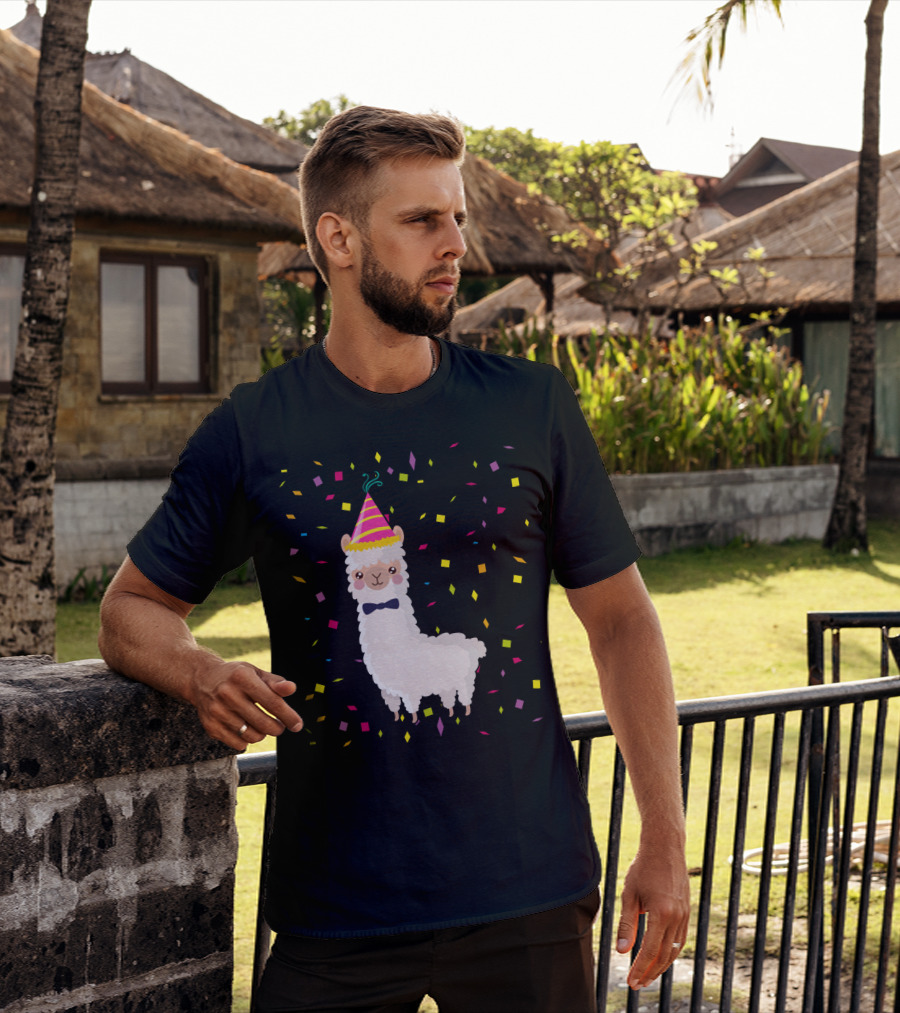 Funny Alpaca Birthday Party Celebration With Confetti T-Shirt