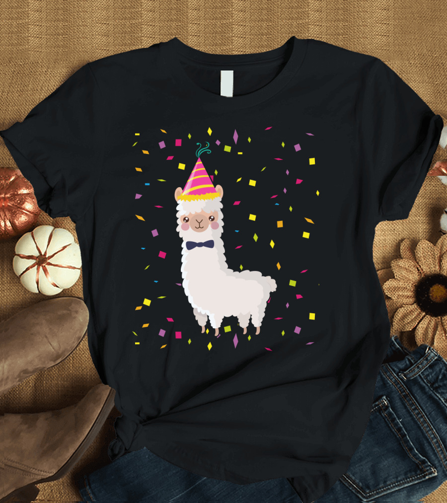 Funny Alpaca Birthday Party Celebration with Confetti T-Shirt