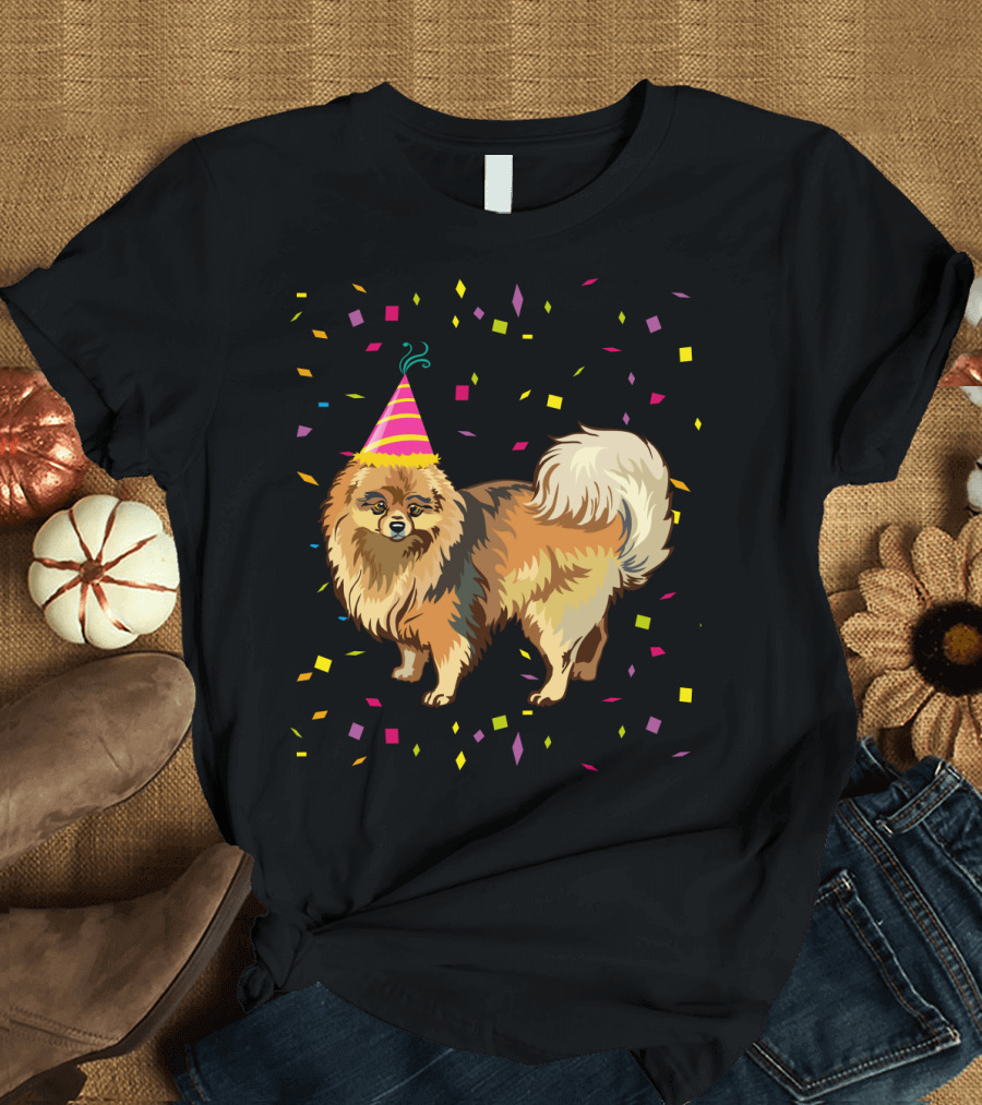 Pomeranian Birthday Party Funny Dog with Confetti and Party Hat T-Shirt