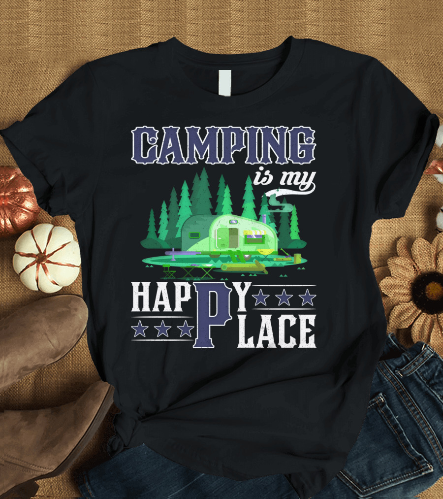 Camping Is My Happy Place Camper Forest Scene with Stars T-Shirt