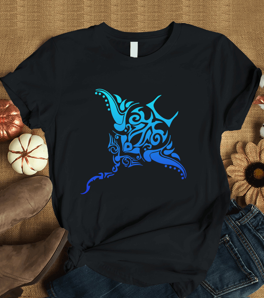 Hawaiian Tribal Stingray Polynesian Tattoo Style Blue T-Shirt