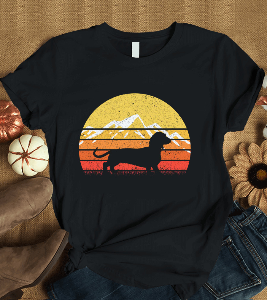 Retro Vintage Dachshund Dog Silhouette Sunset Mountains T-Shirt