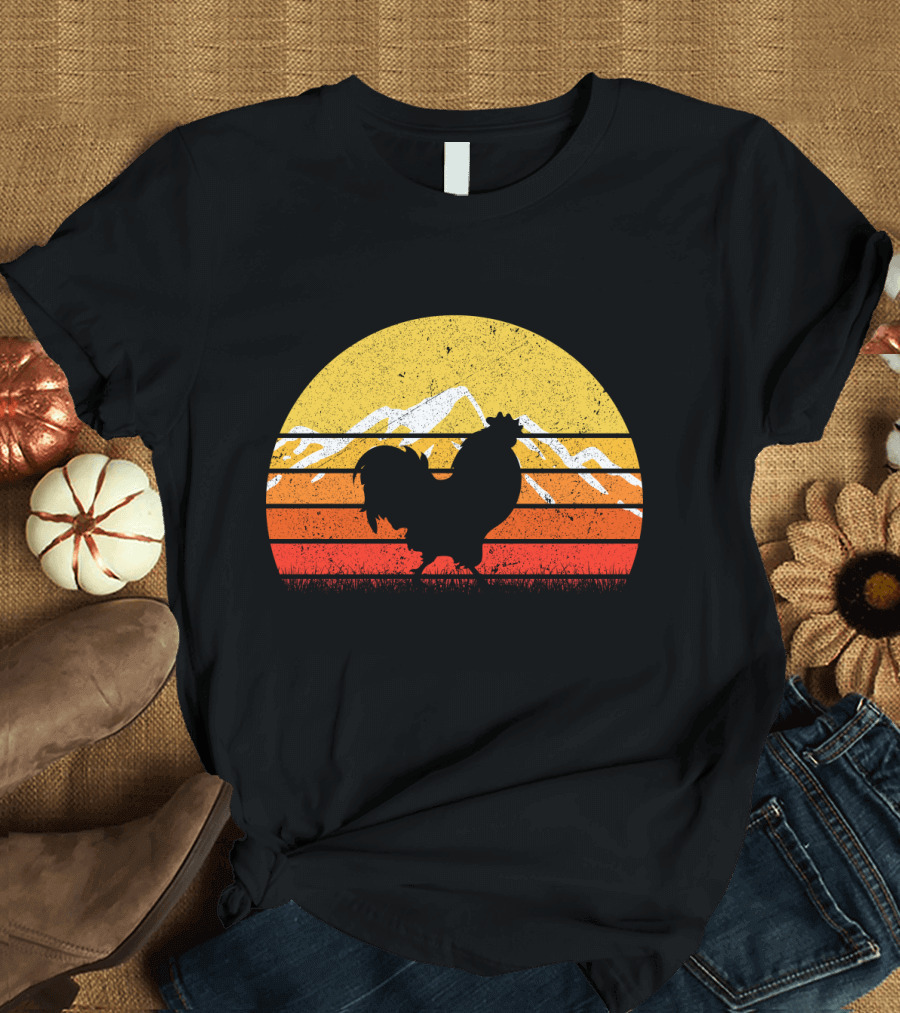 Retro Vintage Chicken Silhouette Sunset with Mountain Background T-Shirt