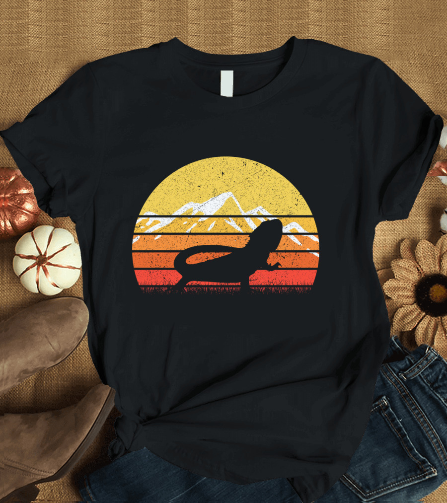 Retro Vintage Bearded Dragon Sunset Silhouette Mountain Stripe T-Shirt