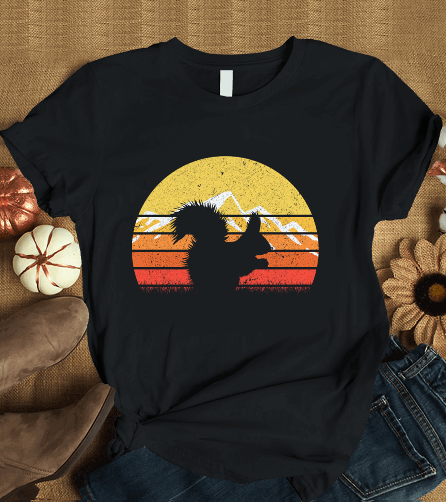 Retro Vintage Squirrel Sunset Silhouette with Mountains T-Shirt