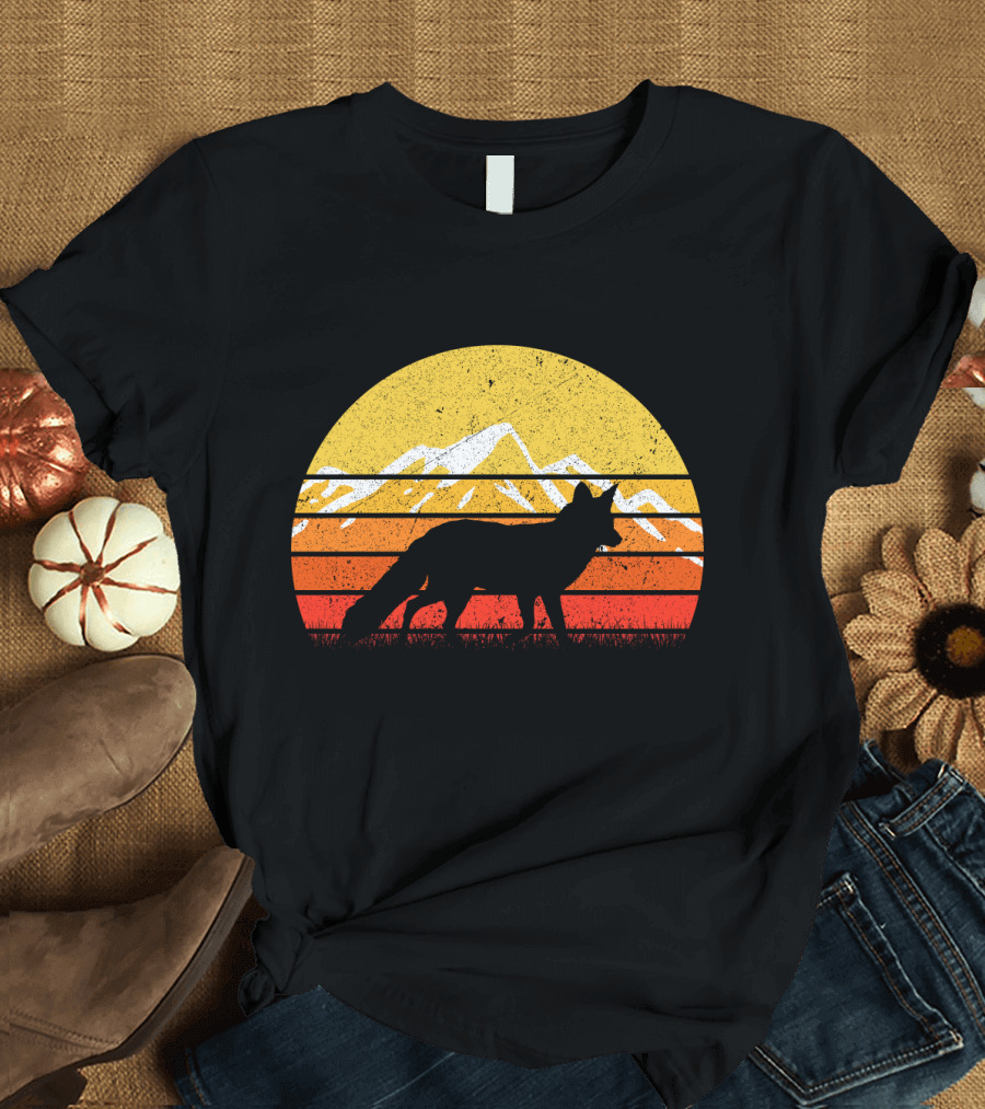 Retro Vintage Fox Silhouette with Mountains and Sunset Stripes T-Shirt