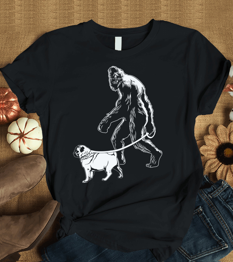 Bigfoot Walking a Pug Dog T-Shirt