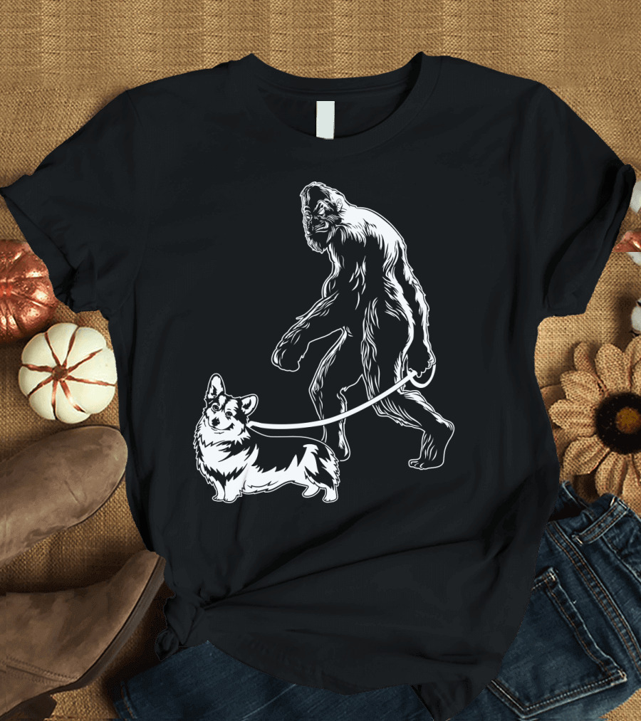 Bigfoot Walking Corgi Dog T-Shirt