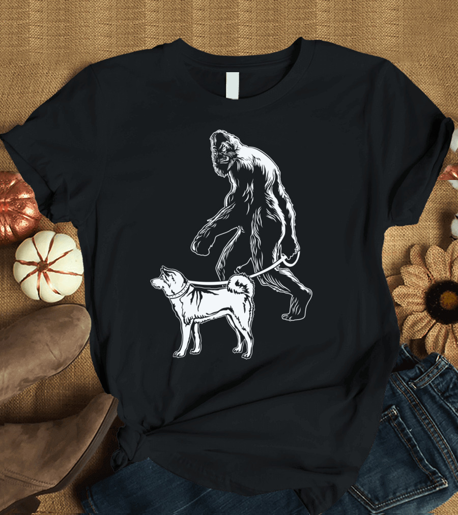 Bigfoot Walking Akita Dog T-Shirt