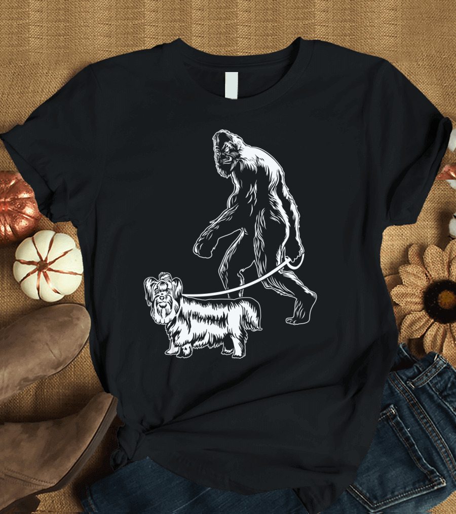 Bigfoot Walking a Yorkie Dog T-Shirt