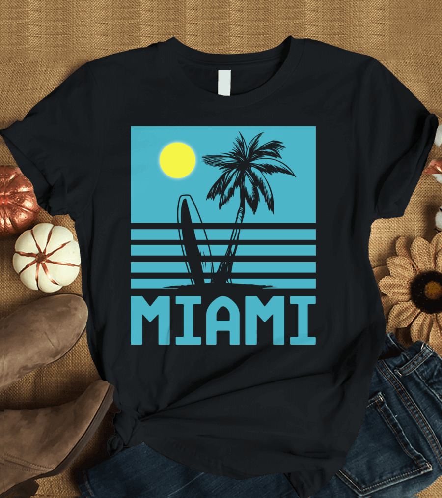 Miami Surf Palm Sunset Retro T-Shirt