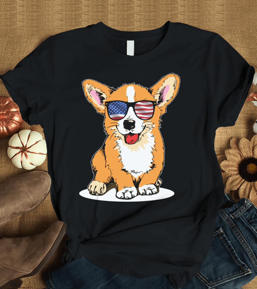 Corgi in American Flag Sunglasses 4th of July Patriotic Merica T-Shirt