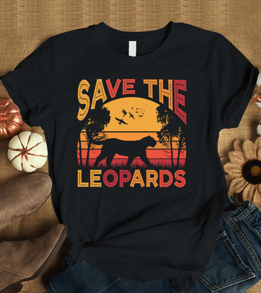 SAVE THE LEOPARDS Sunset Silhouette with Birds and Trees T-Shirt