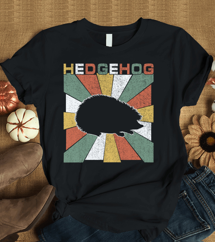 Hedgehog Retro 70s Silhouette Vintage Stripe Burst T-Shirt