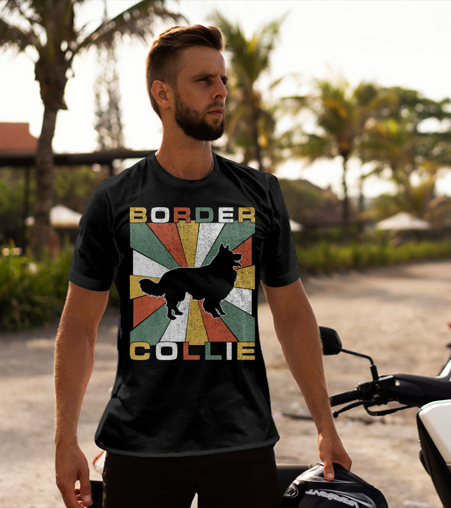 Border Collie Retro 70s Silhouette Radiant Stripes T-Shirt