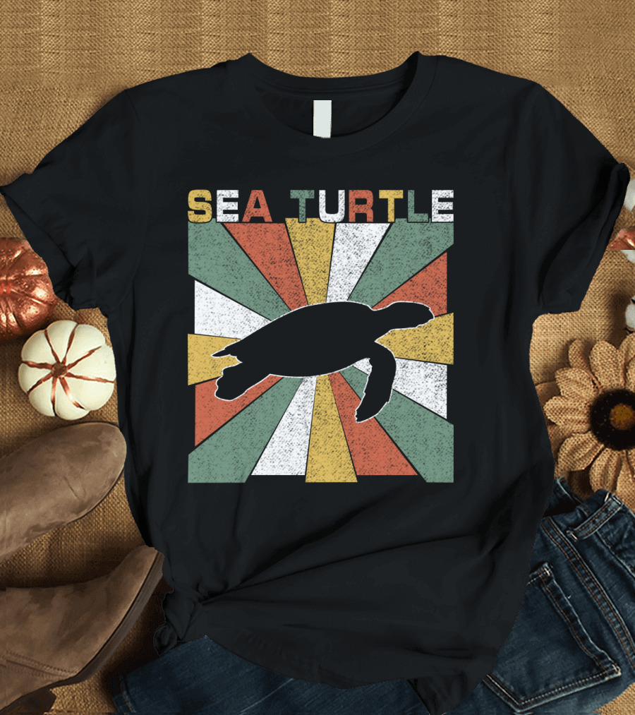 Sea Turtle Retro 70s Vintage Silhouette Distressed Color Blocking T-Shirt