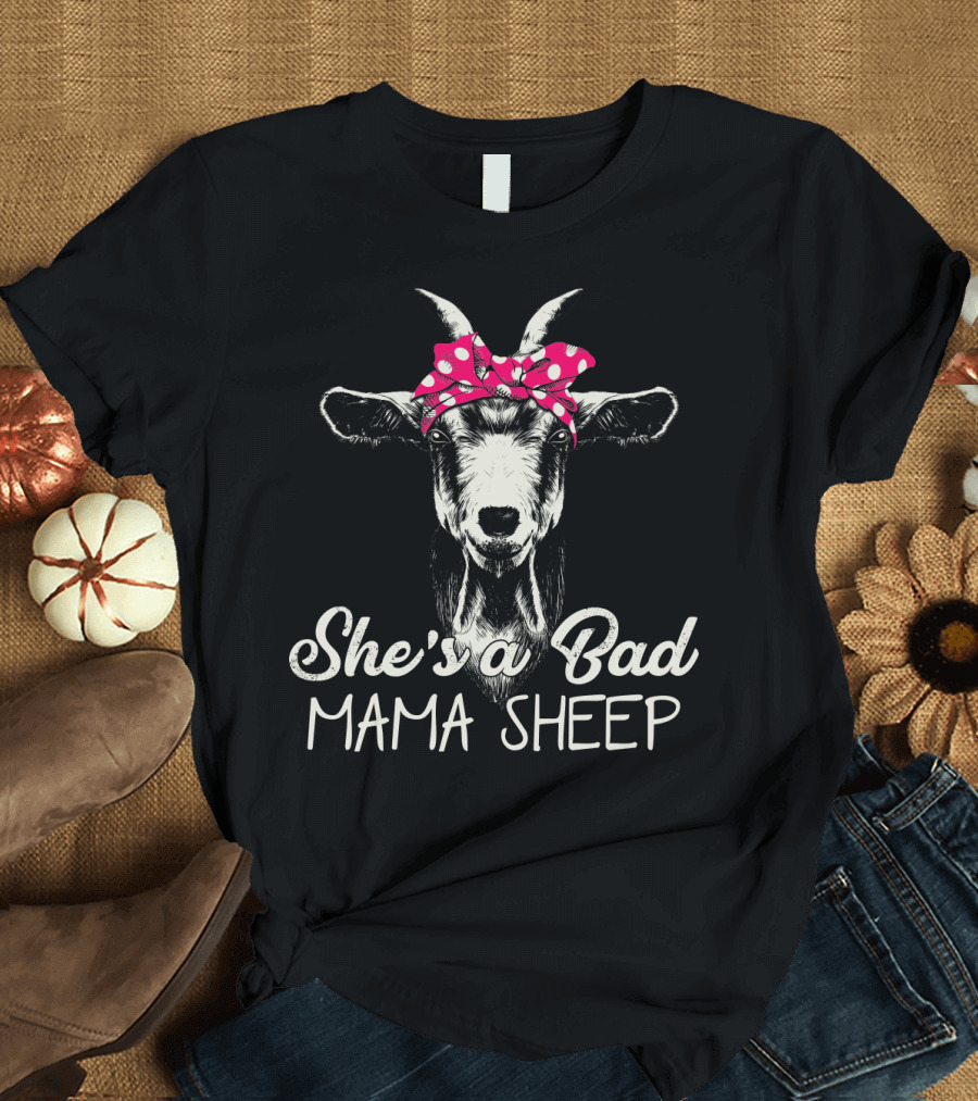 She's a Bad Mama Sheep Goat with Polka Dot Bow T-Shirt