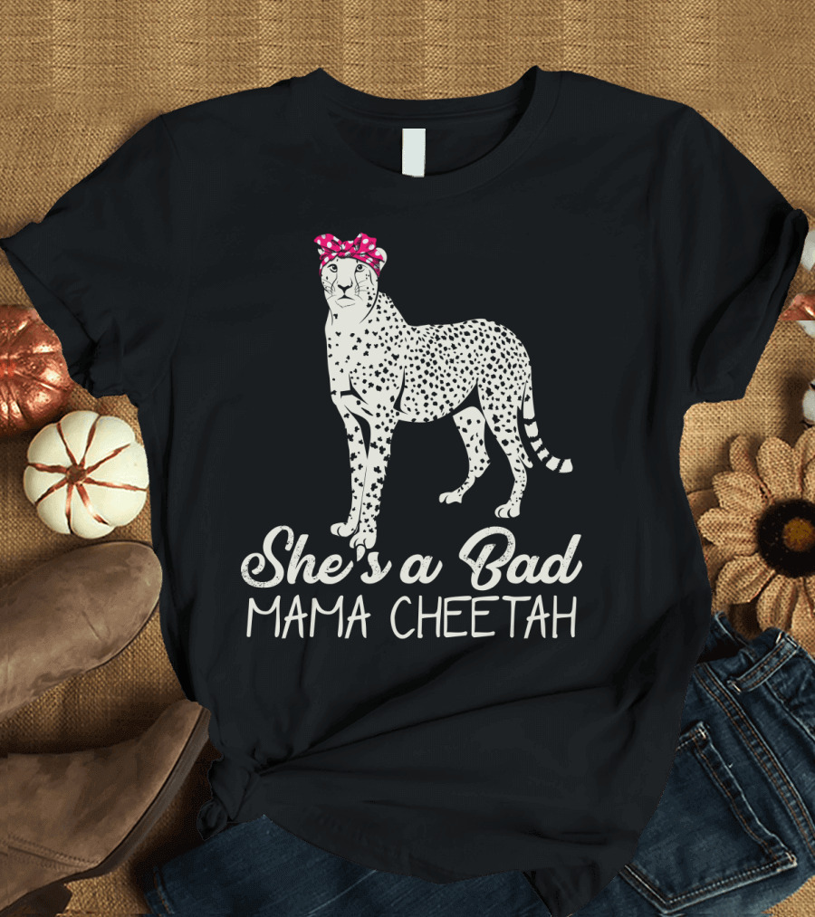 She's a Bad Mama Cheetah with Pink Polka Dot Bow T-Shirt