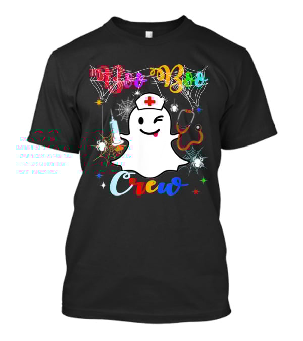 Boo Boo Crew Ghost Nurse Winking With Stethoscope And Syringe Halloween Spider Webs T-Shirt