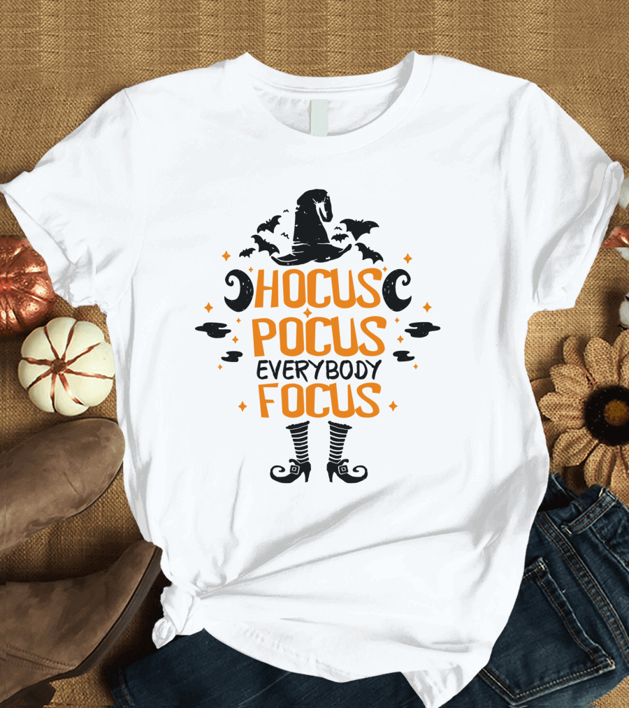 Halloween Hocus Pocus Everybody Focus Funny Teacher Witch Hat Bats Boots T-Shirt