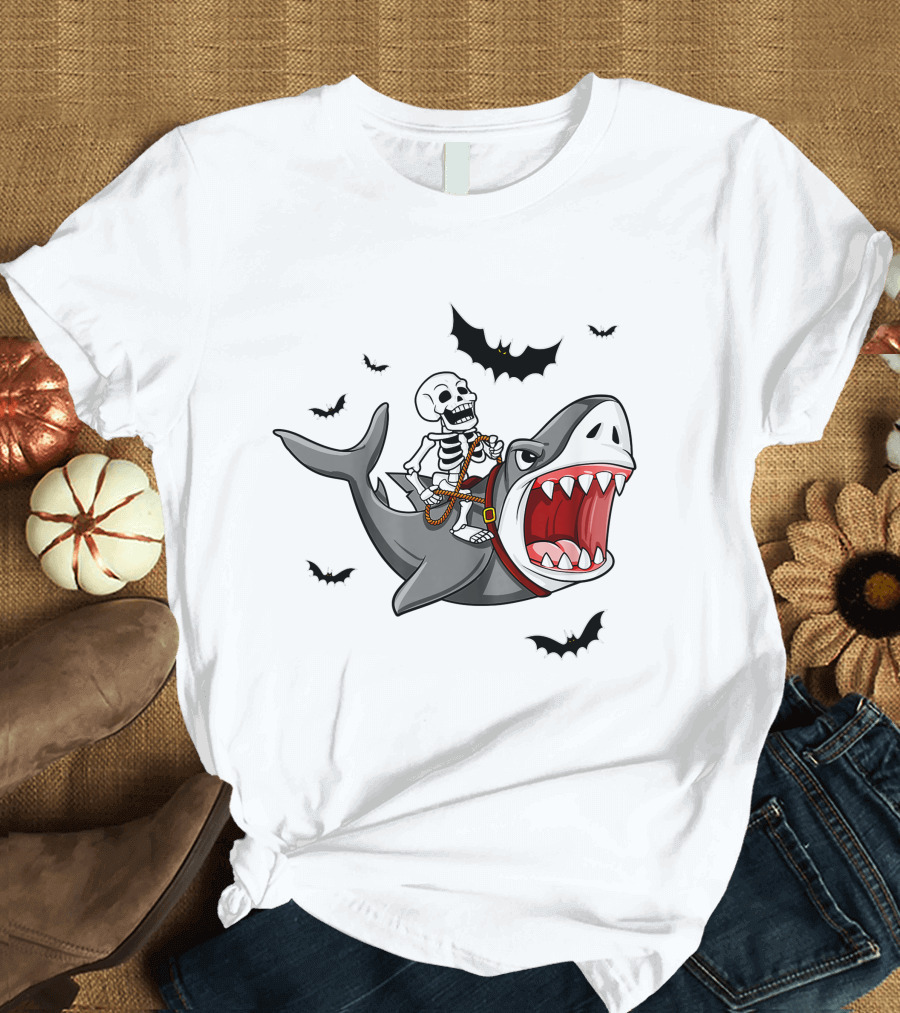 Skeleton Riding Shark with Bats T-Shirt