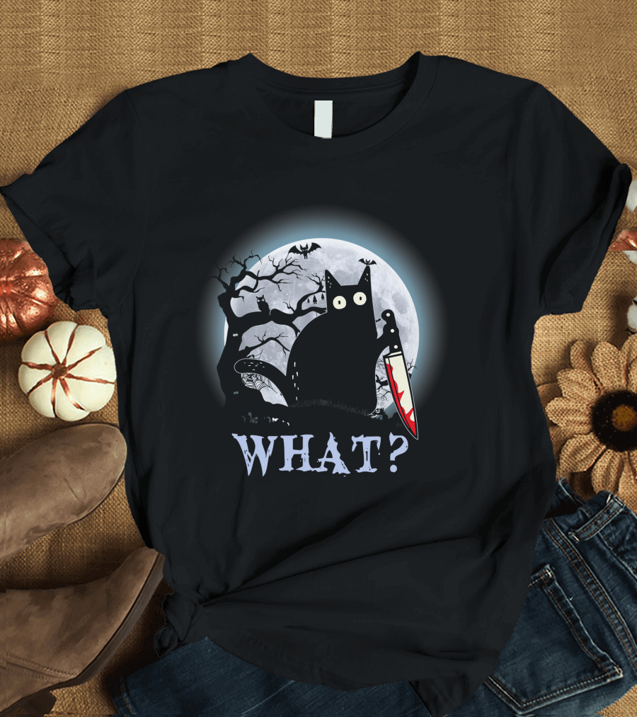 What? Black Cat With Knife Moon Halloween Scene T-Shirt