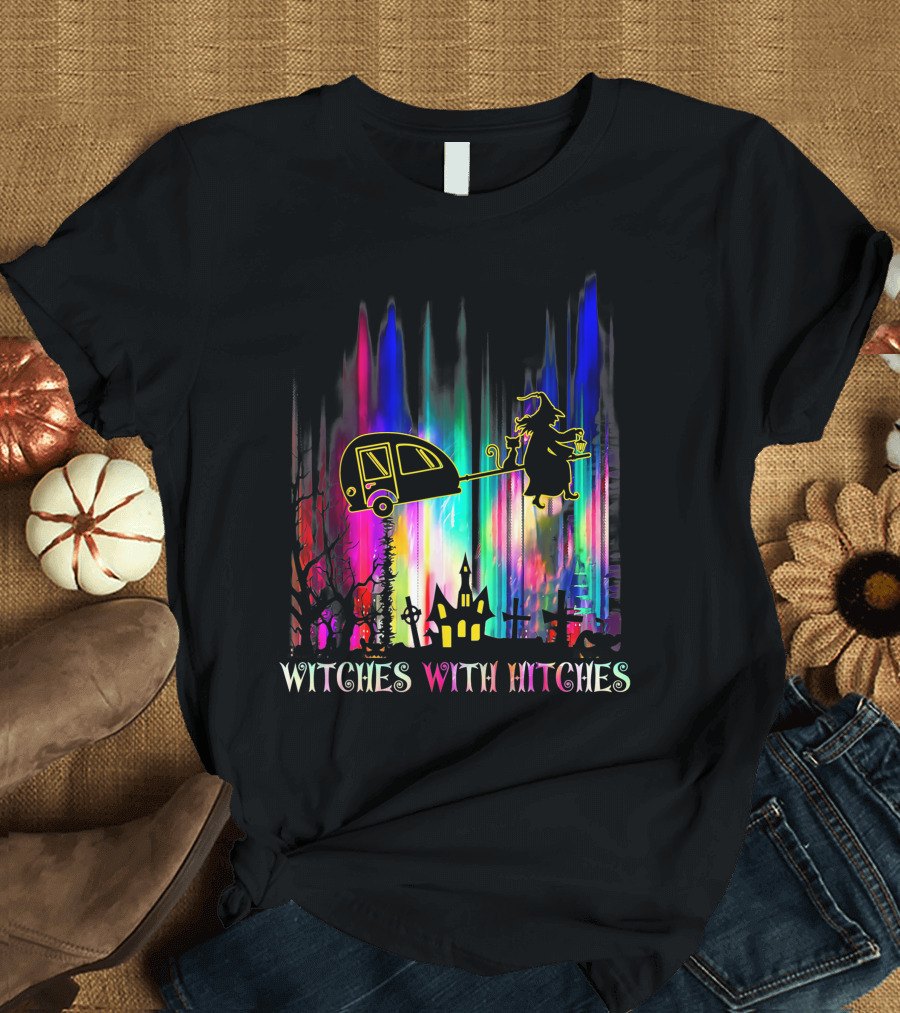 Witches with Hitches Halloween Camping Scene with Colorful Background T-Shirt