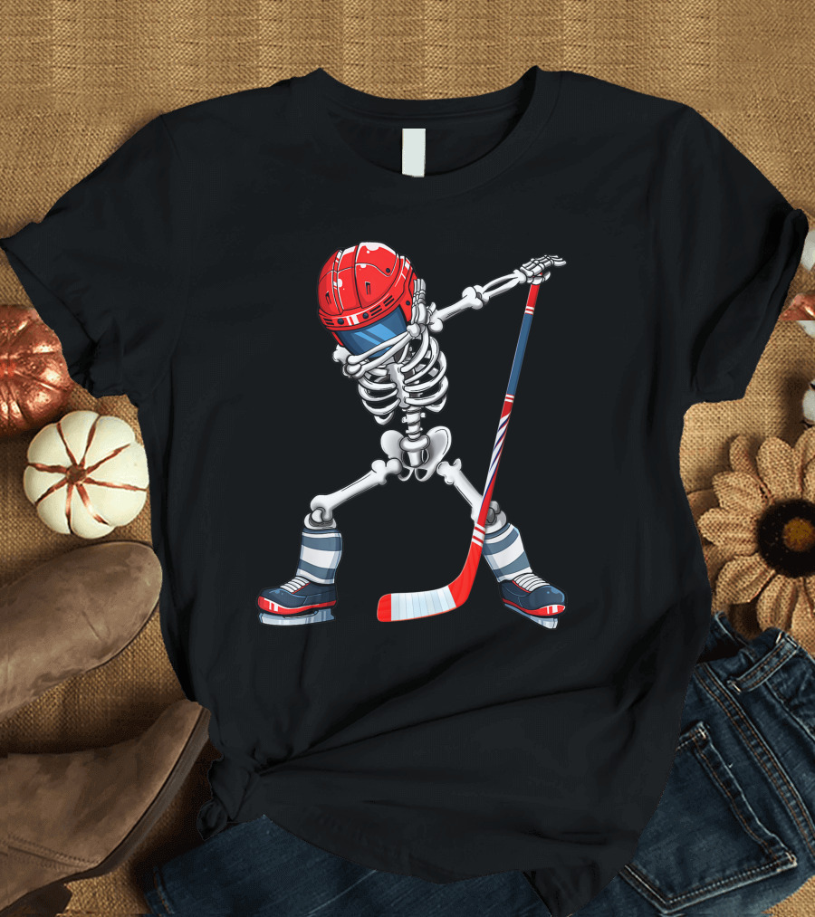 Dabbing Skeleton Ice Hockey Player Helmet and Stick T-Shirt