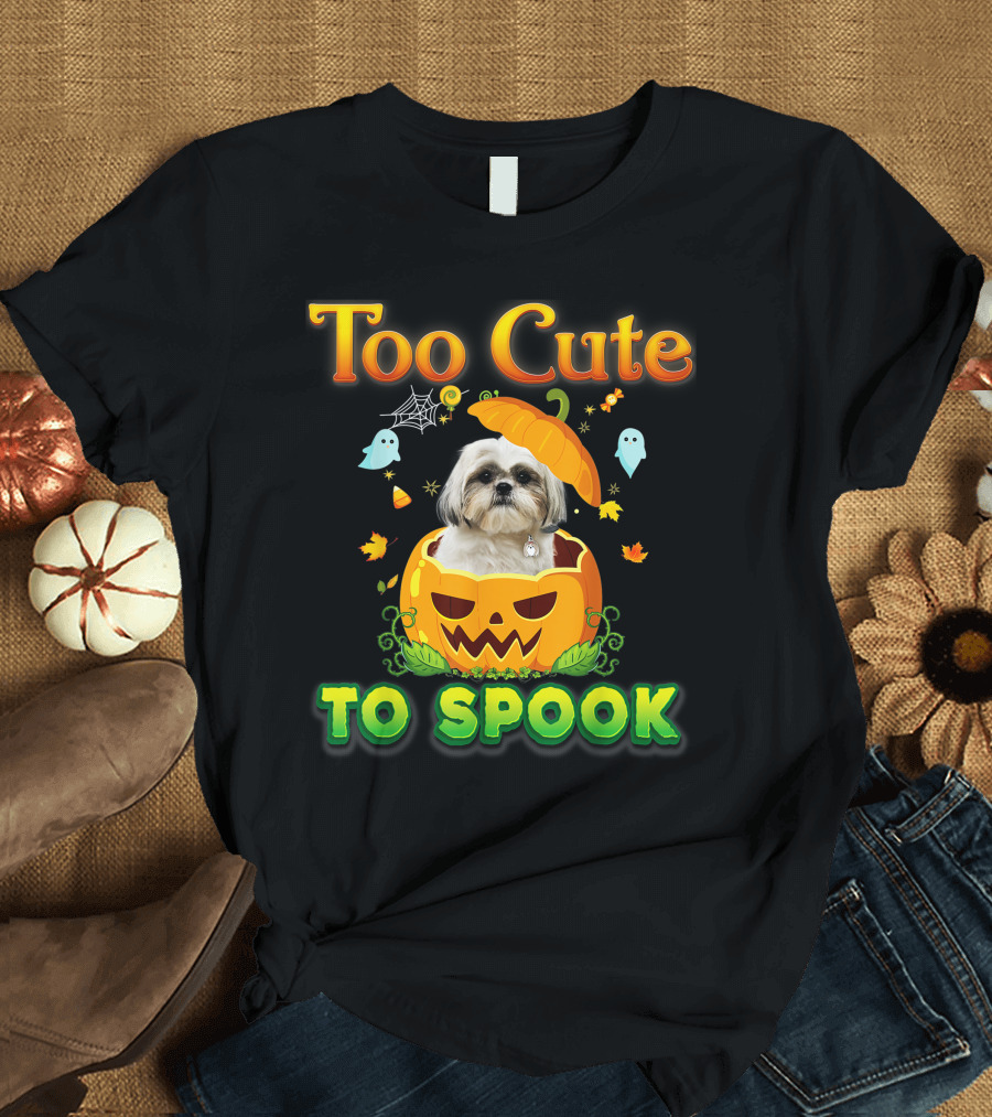 Too Cute To Spook Shih Tzu Dog in Pumpkin Halloween Ghost Leaves T-Shirt